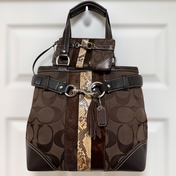 Coach Hampton Signature Patchwork Tote & Matching Wristlet Brown Python Stripe - Picture 1 of 14